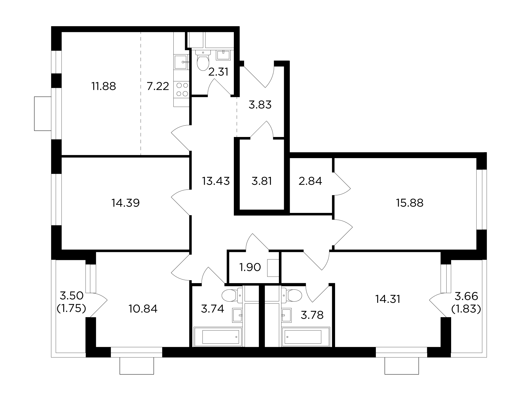 5 комн. кв., 113.74 м<sup>2</sup>, 21 этаж