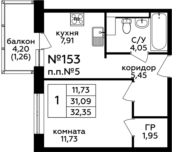 1 комн. кв., 32.5 м<sup>2</sup>, 3 этаж