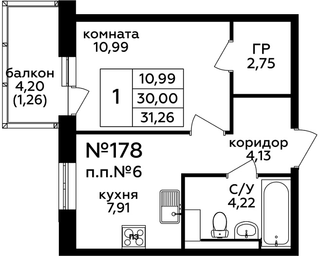 1 комн. кв., 31.3 м<sup>2</sup>, 6 этаж