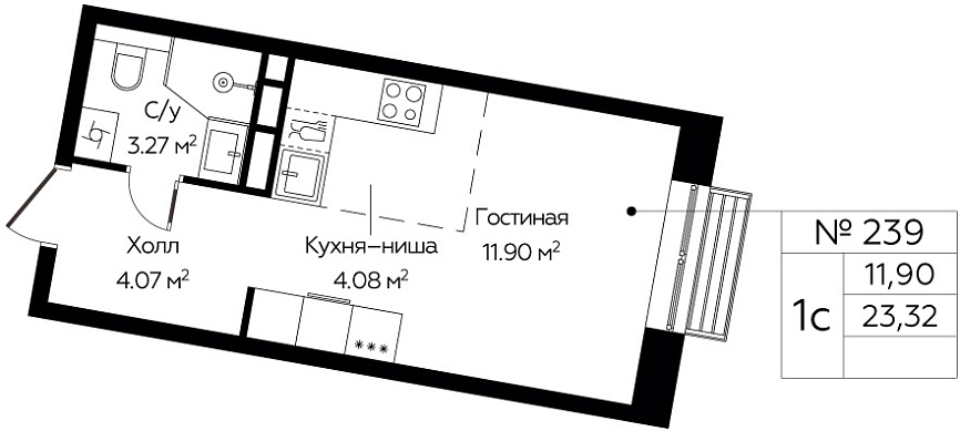 Студия, 23.32 м<sup>2</sup>, 13 этаж