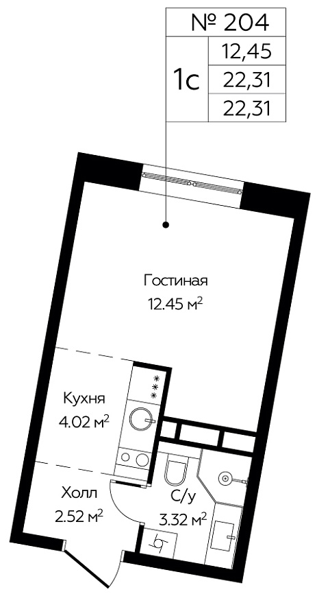 Студия, 22.31 м<sup>2</sup>, 4 этаж