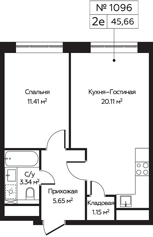 2 комн. кв., 41.66 м<sup>2</sup>, 26 этаж